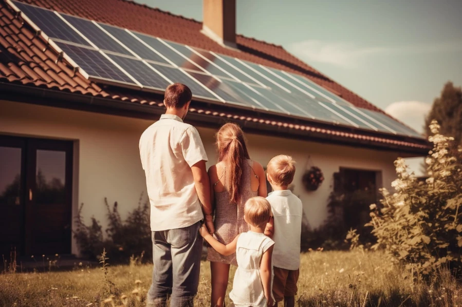 Familie glücklich mit Photovoltaik Anlage